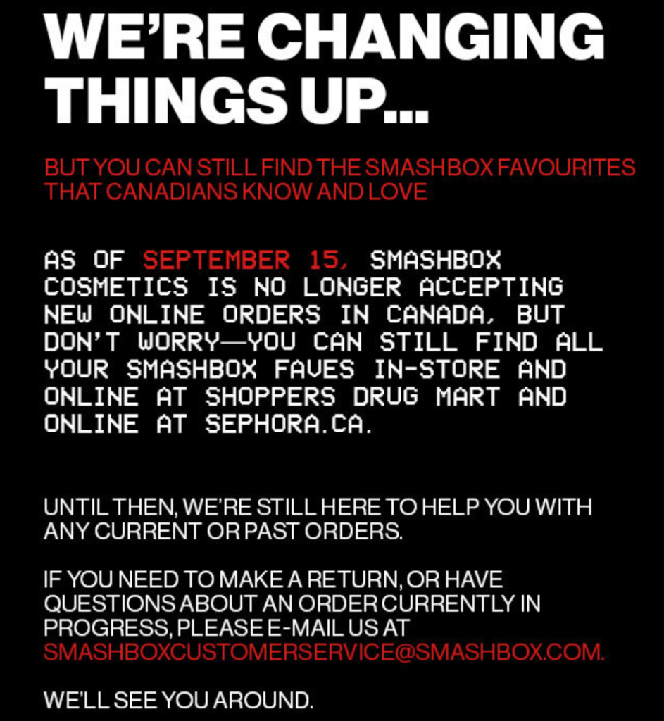The Smashbox Canadian Website Closure Notice