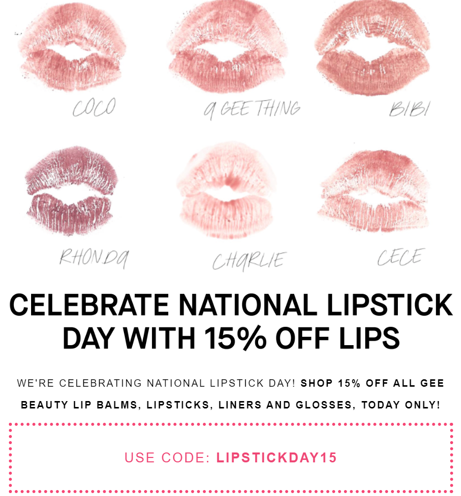 Click to go to Gee Beauty's 2024 National Lipstick Day Deal