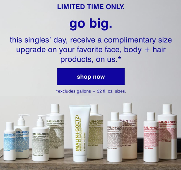 Click to go to the MALIN + GOETZ Singles' Day Deal